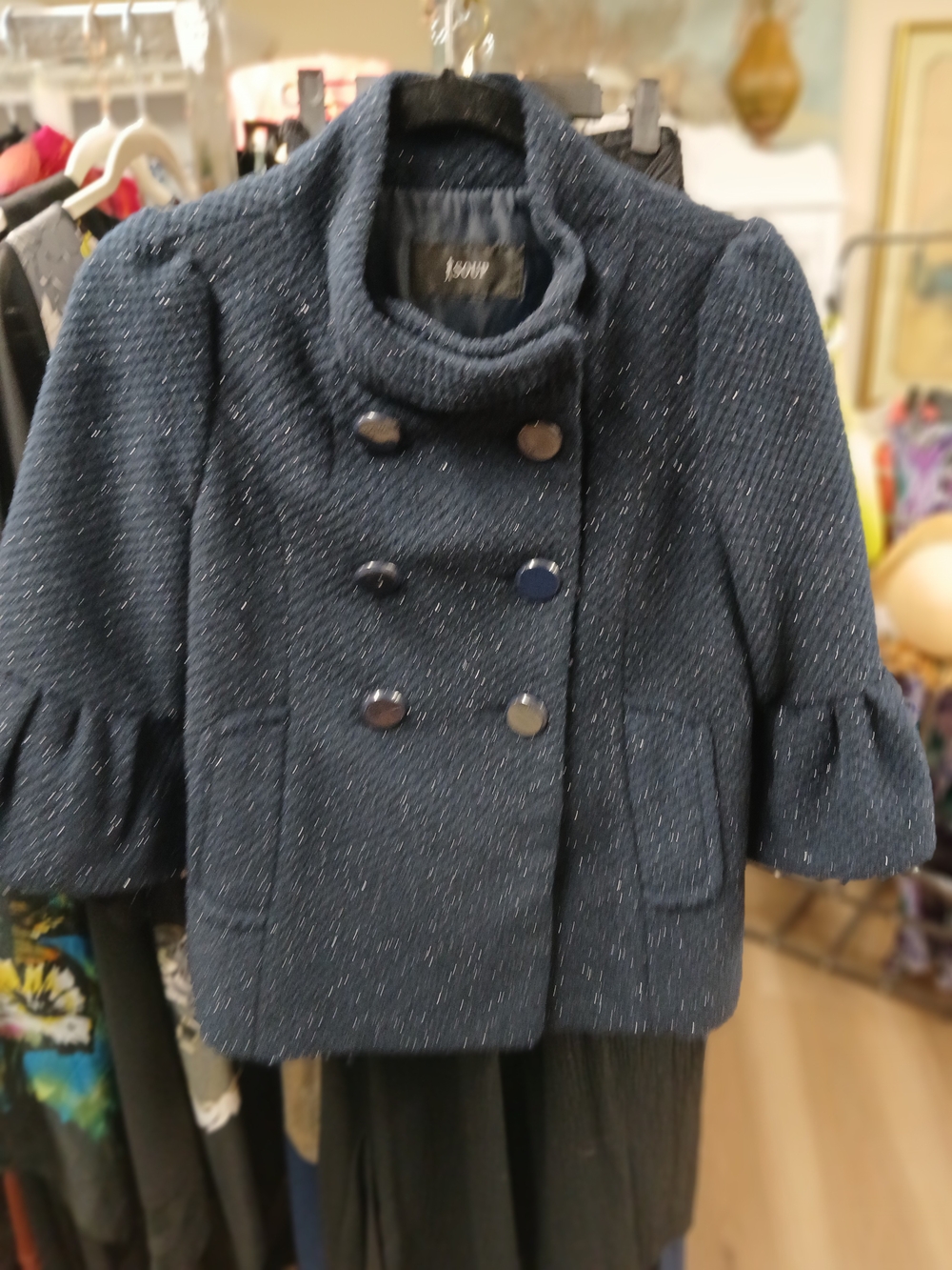 Joan Vass Navy Sparkle Double-Breasted Pea Coat for Girls